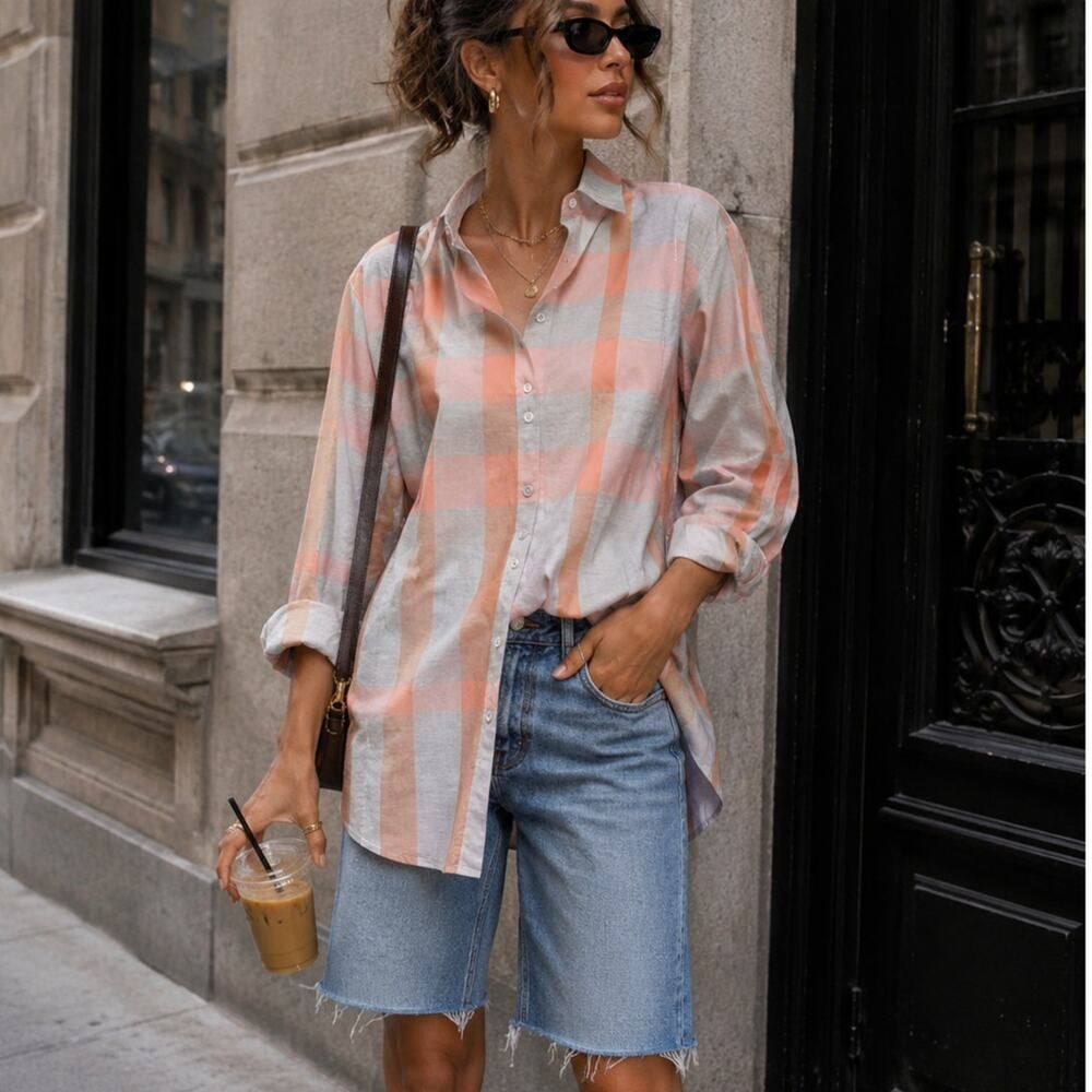 Burberry Brit Gray & Orange Giant Check Cotton Button-Up Shirt Size S